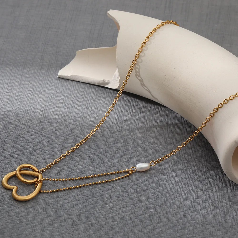 Casual Simple Style Heart Shape Stainless Steel Freshwater Pearl Layered Plating Hollow Out 18K Gold Plated Necklace_colorza_4