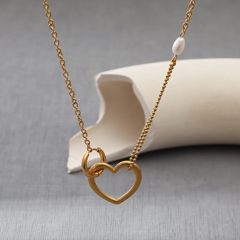 Casual Simple Style Heart Shape Stainless Steel Freshwater Pearl Layered Plating Hollow Out 18K Gold Plated Necklace_colorza_5