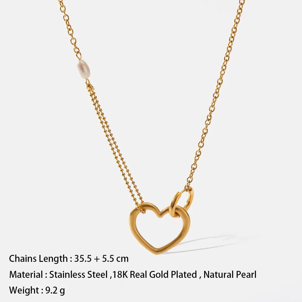 Casual Simple Style Heart Shape Stainless Steel Freshwater Pearl Layered Plating Hollow Out 18K Gold Plated Necklace_colorza_6