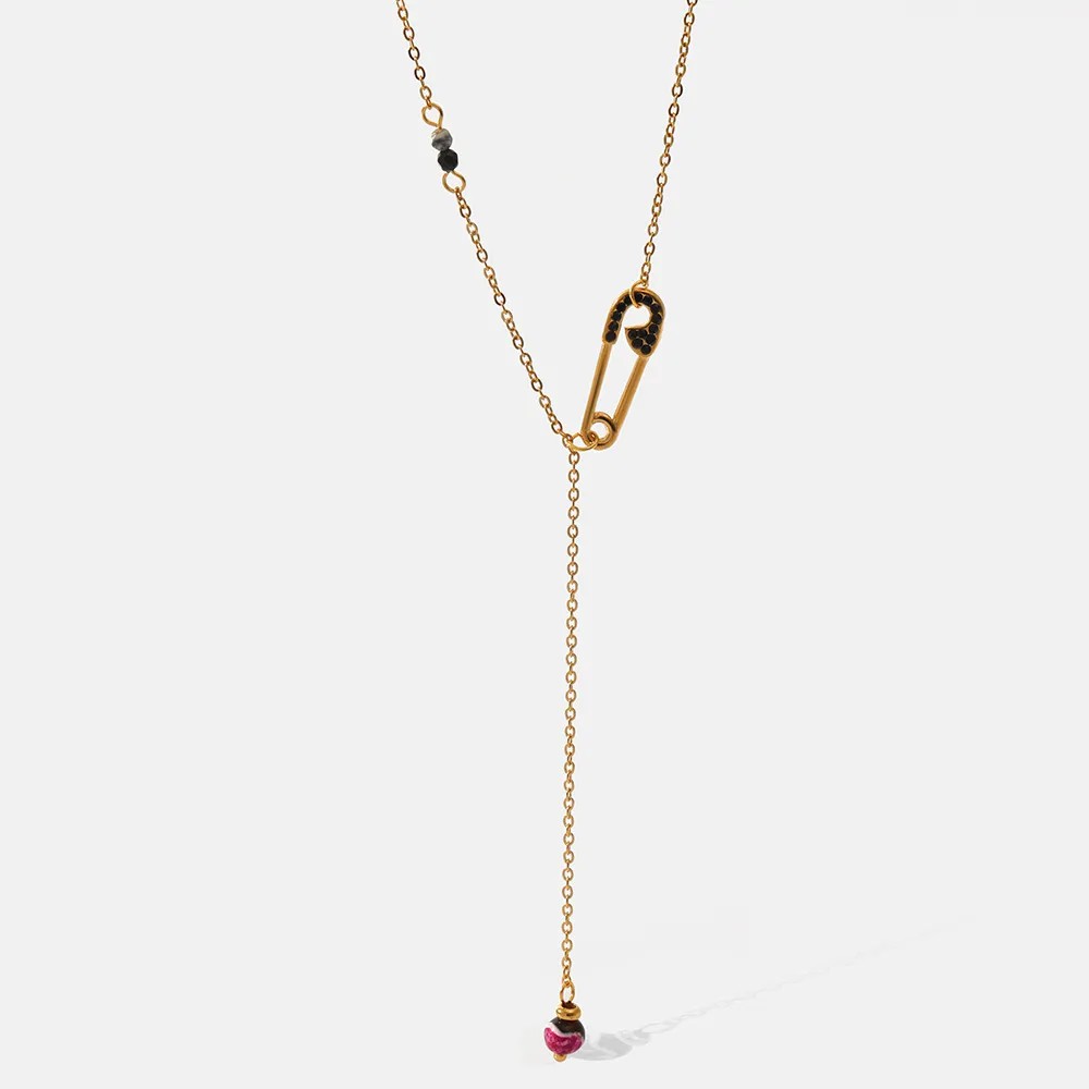 Casual Simple Style Paper Clip Stainless Steel Natural Stone Plating Inlay Zircon 18K Gold Plated Pendant Necklace_colorza_1