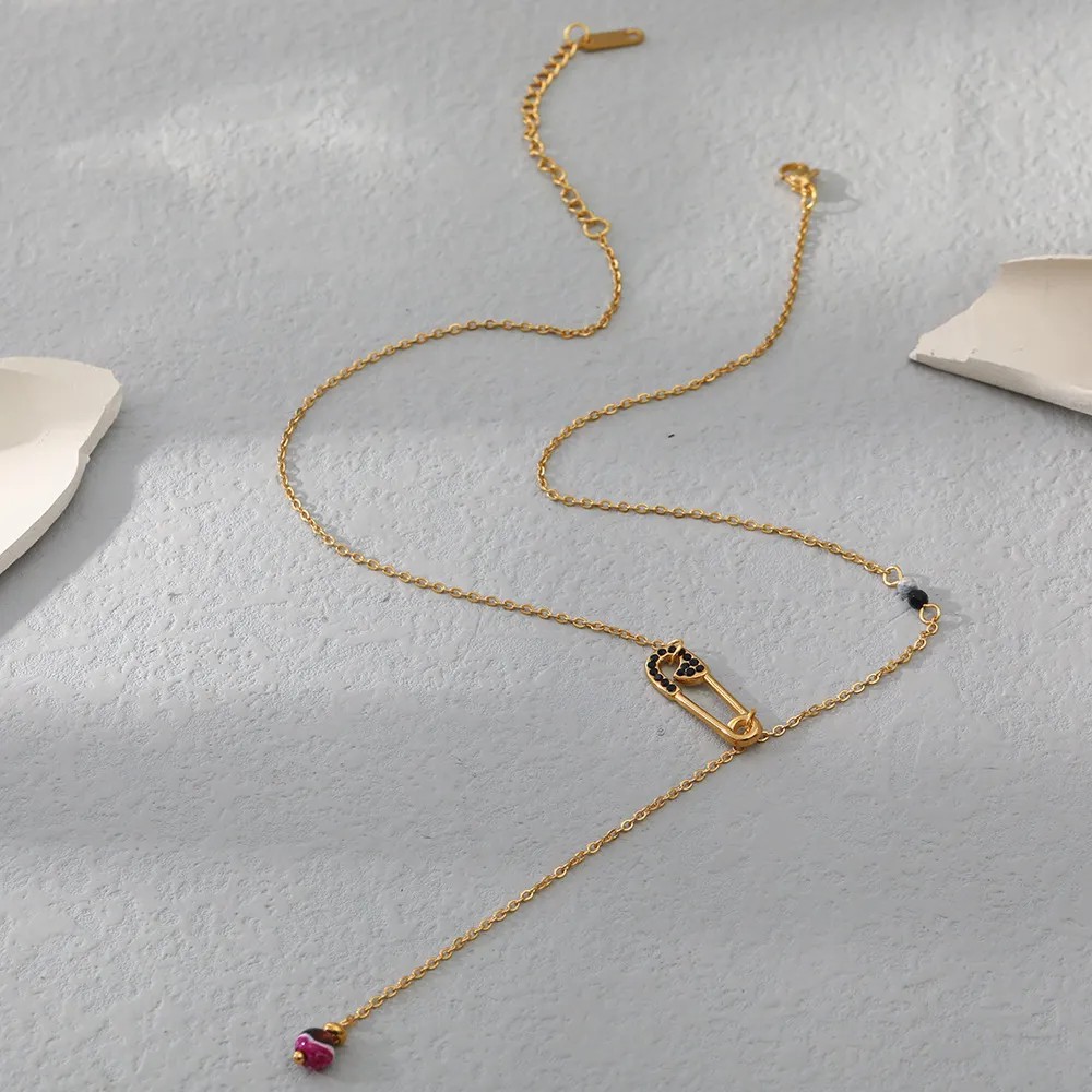 Casual Simple Style Paper Clip Stainless Steel Natural Stone Plating Inlay Zircon 18K Gold Plated Pendant Necklace_colorza_2