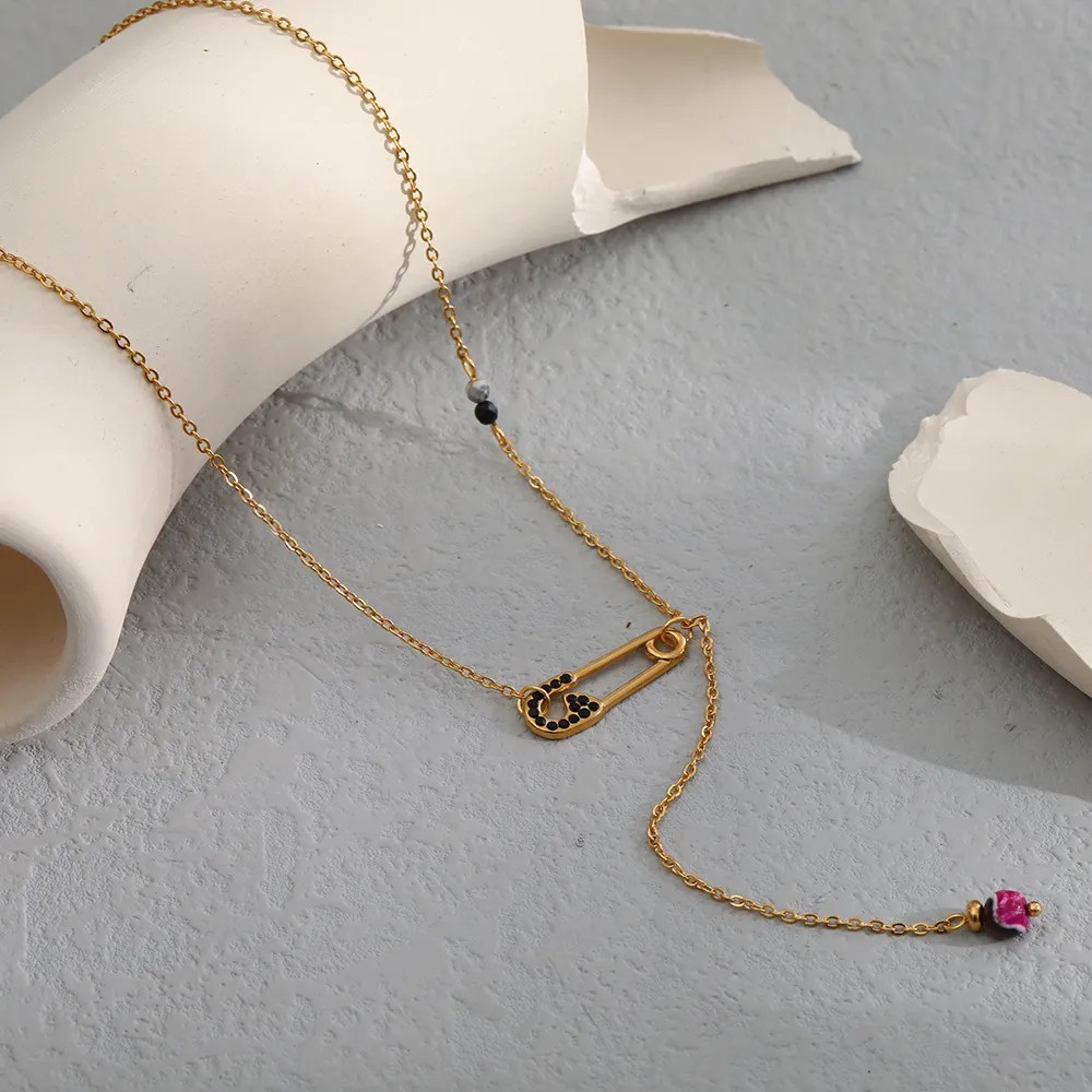 Casual Simple Style Paper Clip Stainless Steel Natural Stone Plating Inlay Zircon 18K Gold Plated Pendant Necklace_colorza_3