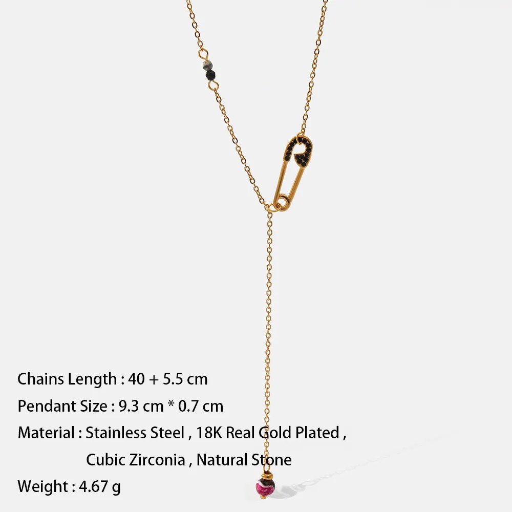 Casual Simple Style Paper Clip Stainless Steel Natural Stone Plating Inlay Zircon 18K Gold Plated Pendant Necklace_colorza_6