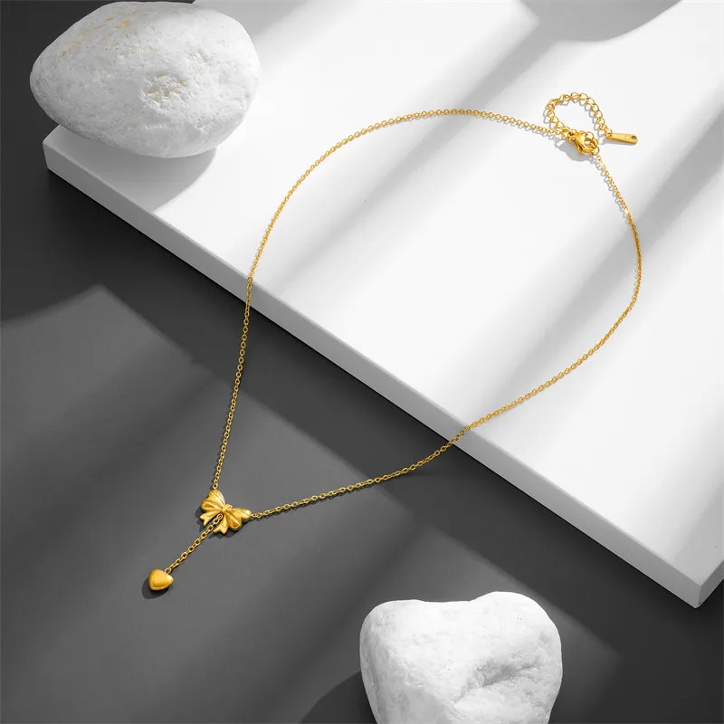 Simple Style Heart Shape Bow Knot Titanium Steel Plating 18K Gold Plated Pendant Necklace_colorza_3