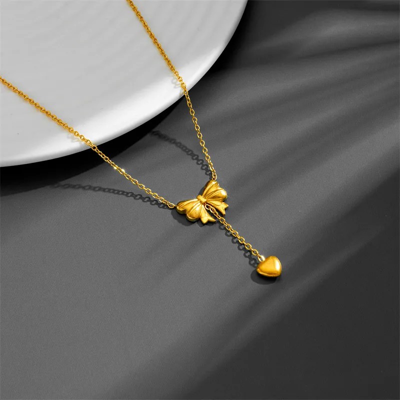 Simple Style Heart Shape Bow Knot Titanium Steel Plating 18K Gold Plated Pendant Necklace_colorza_4