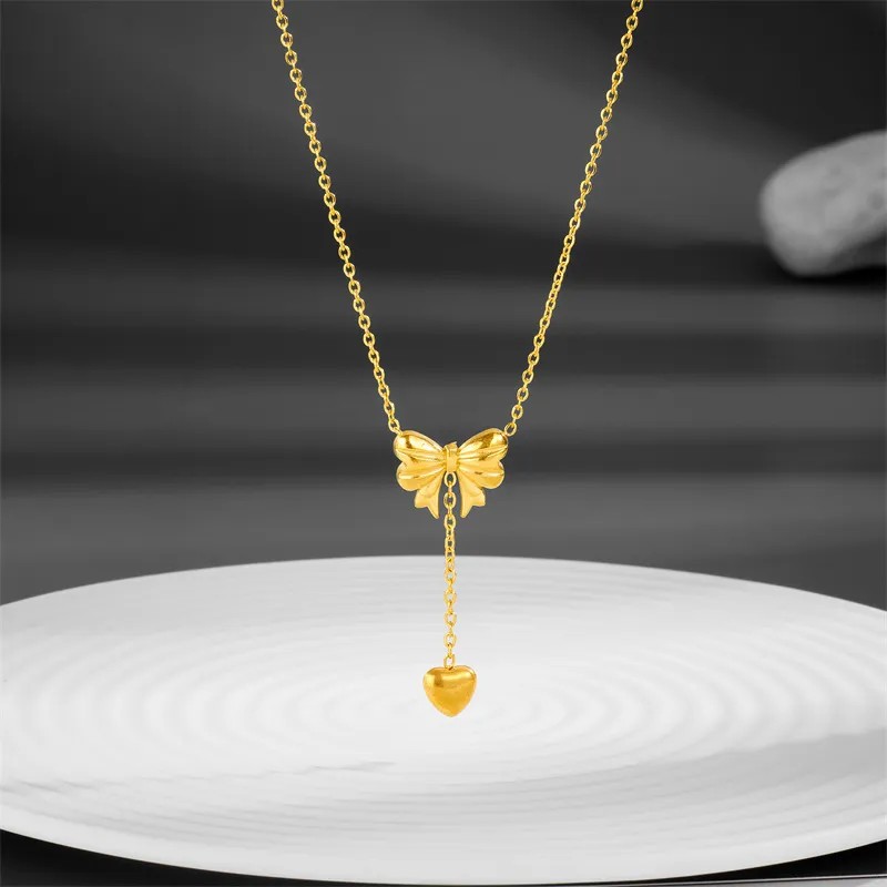 Simple Style Heart Shape Bow Knot Titanium Steel Plating 18K Gold Plated Pendant Necklace_colorza_5