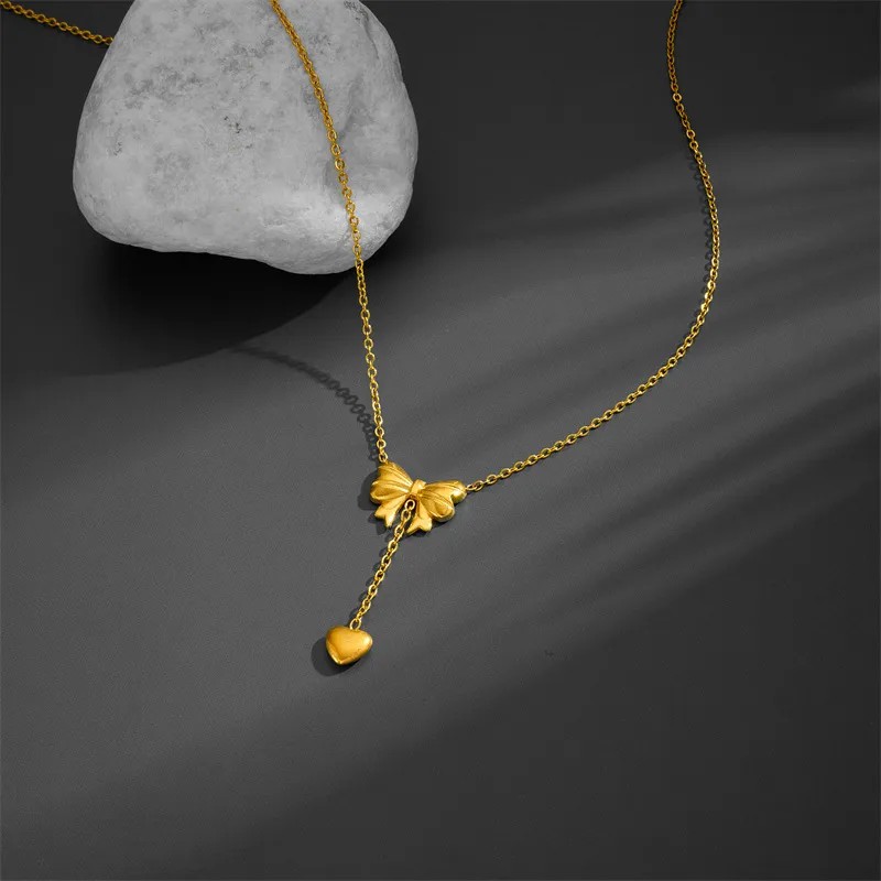 Simple Style Heart Shape Bow Knot Titanium Steel Plating 18K Gold Plated Pendant Necklace_colorza_6