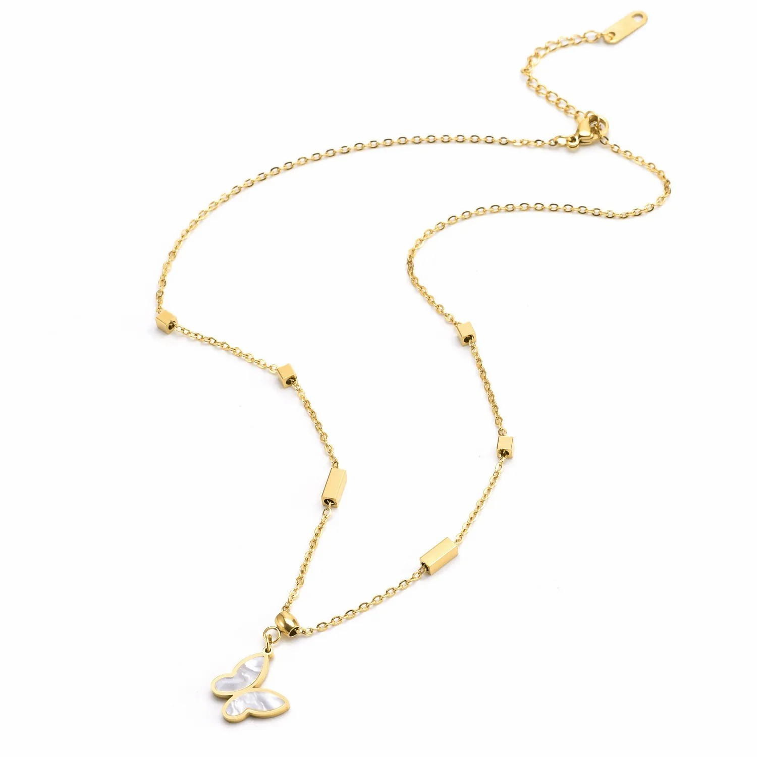 Elegant Butterfly Titanium Steel Inlay Shell 18K Gold Plated Pendant Necklace_colorza_5