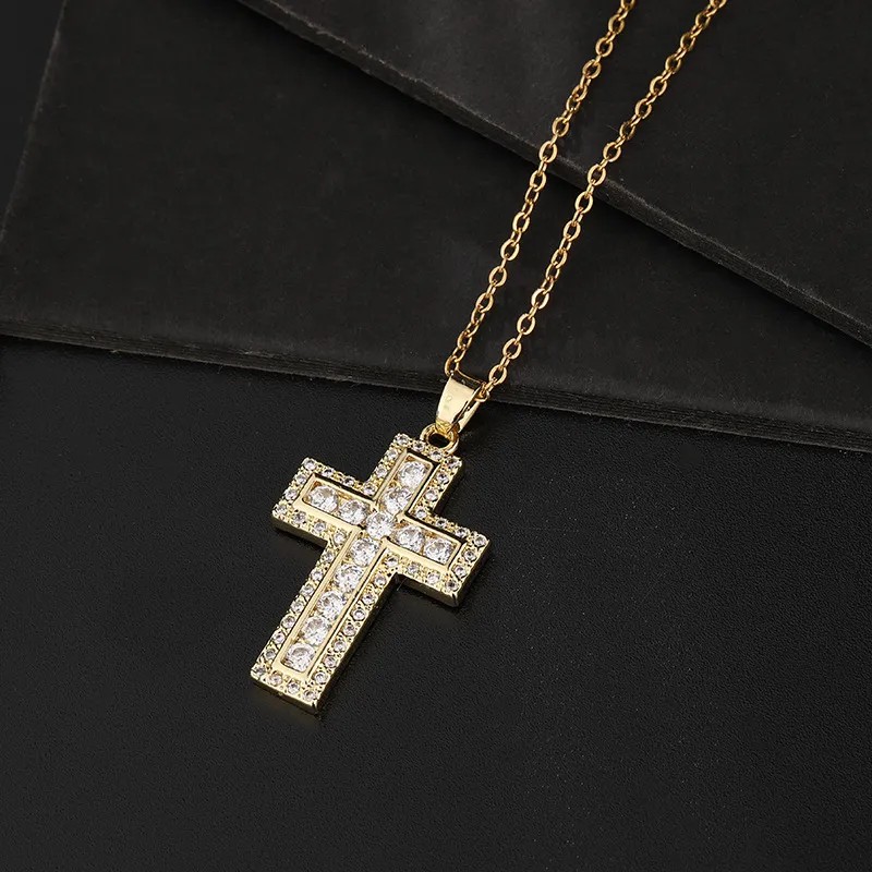 Hip-Hop Cross Titanium Steel Inlay Zircon 18K Gold Plated Pendant Necklace_colorza_4