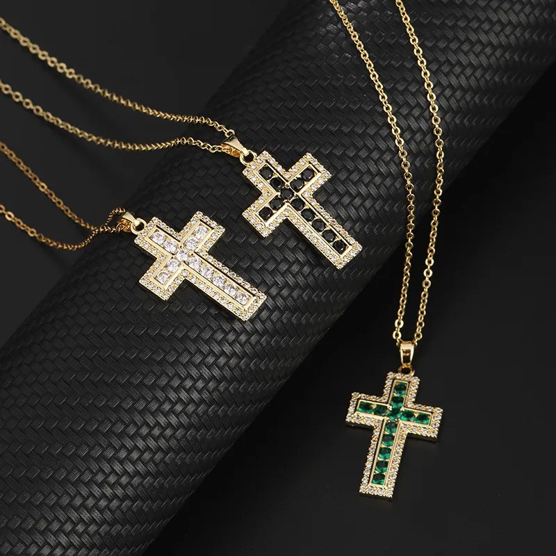 Hip-Hop Cross Titanium Steel Inlay Zircon 18K Gold Plated Pendant Necklace_colorza_6