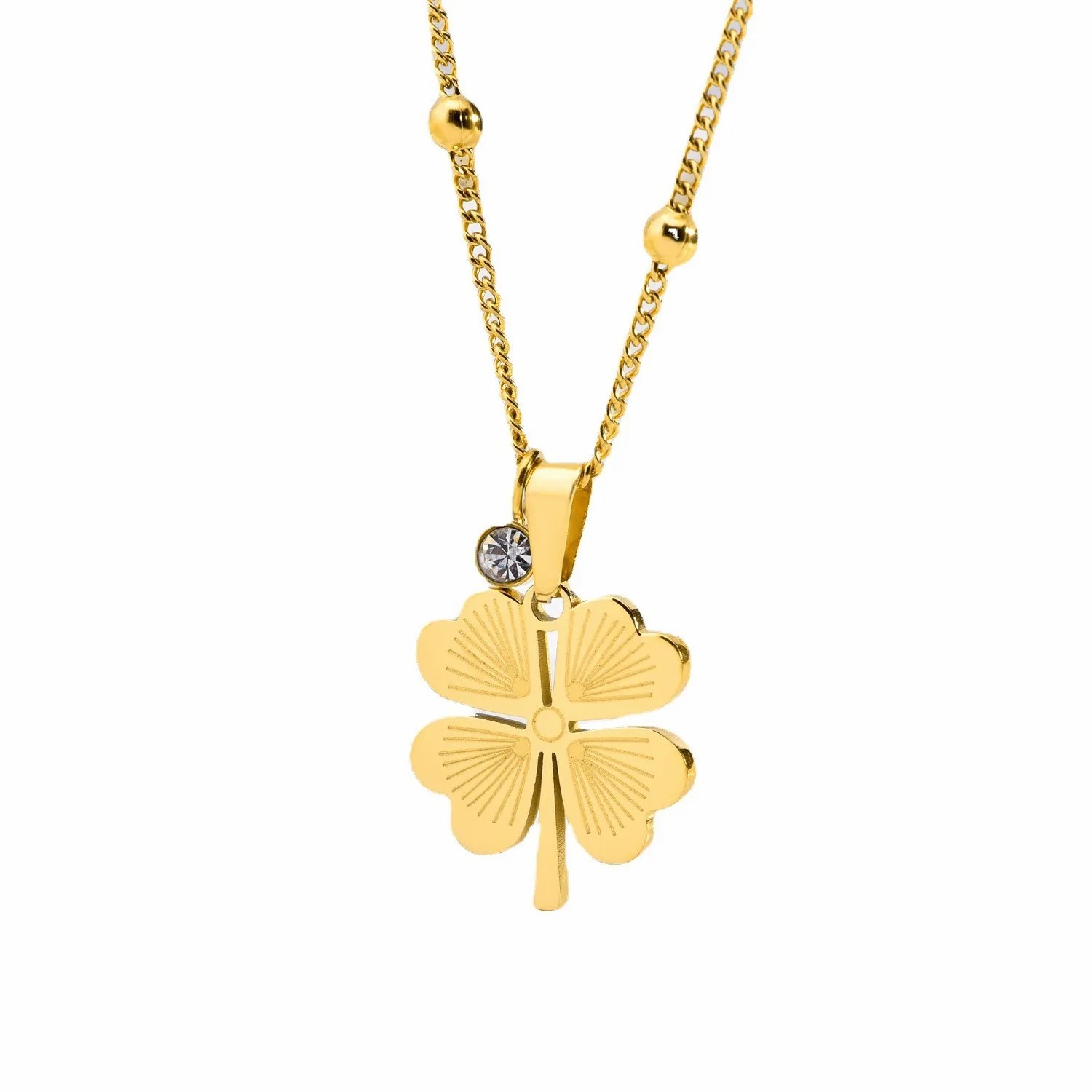 Elegant Four Leaf Clover Titanium Steel Inlay Artificial Diamond 18K Gold Plated Pendant Necklace_colorza_2