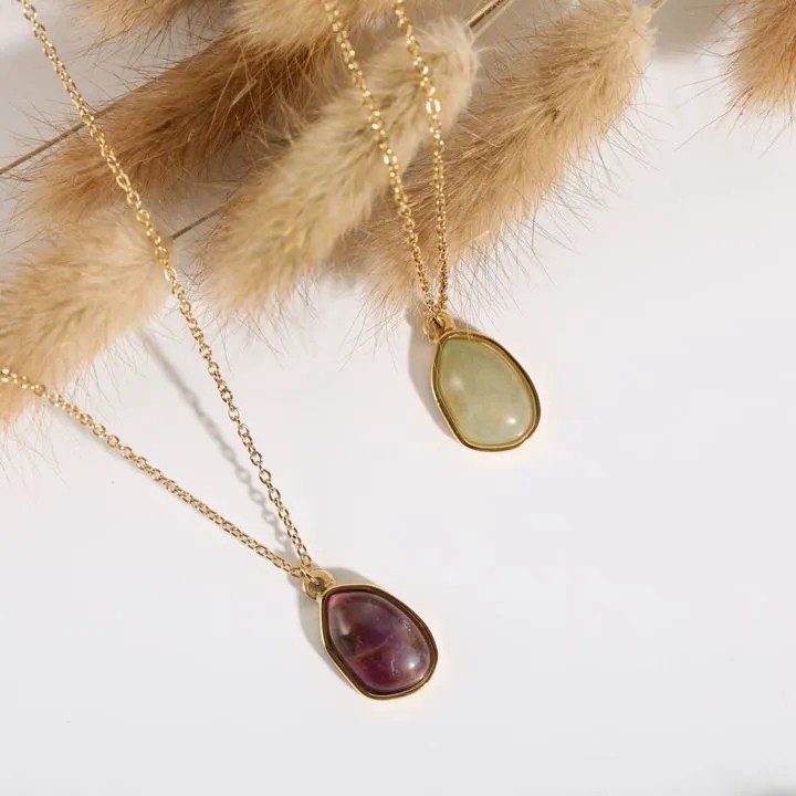 Elegant Irregular Stainless Steel Polishing Natural Stone 18K Gold Plated Pendant Necklace_colorza_6