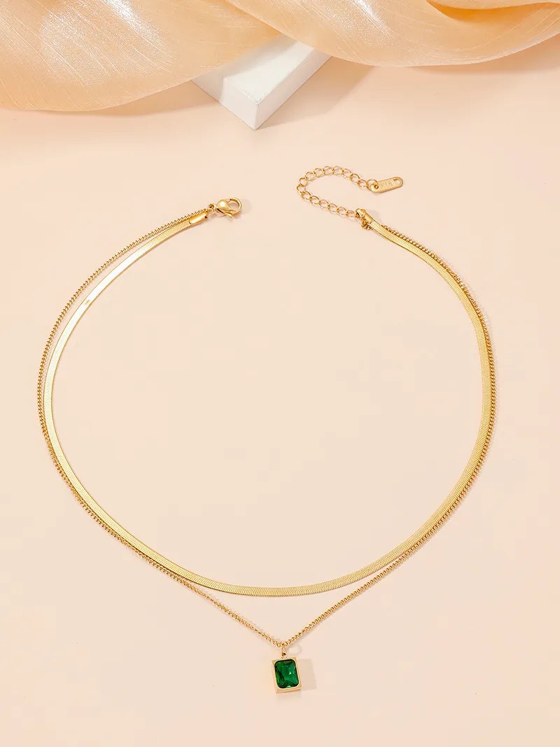 Commute Square Titanium Steel Polishing Plating Inlay Rhinestones 18K Gold Plated Layered Necklaces_colorza_1