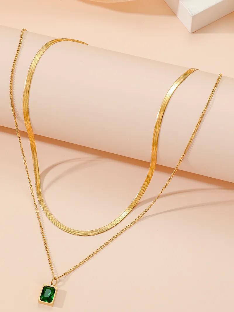 Commute Square Titanium Steel Polishing Plating Inlay Rhinestones 18K Gold Plated Layered Necklaces_colorza_3