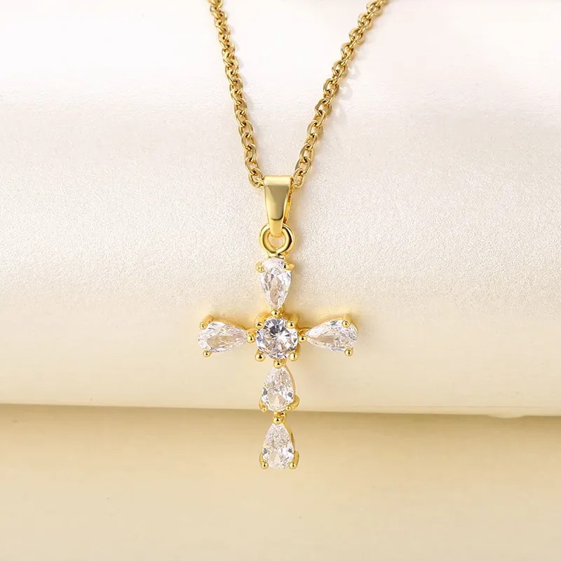 Modern Style Cross Stainless Steel Titanium Steel Plating Inlay Zircon 18K Gold Plated Gold Plated Pendant Necklace_colorza_4