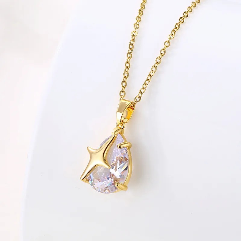 Elegant Star Water Droplets Stainless Steel Titanium Steel Plating Inlay Zircon 18K Gold Plated Gold Plated Pendant Necklace_colorza_1