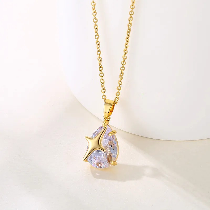 Elegant Star Water Droplets Stainless Steel Titanium Steel Plating Inlay Zircon 18K Gold Plated Gold Plated Pendant Necklace_colorza_2
