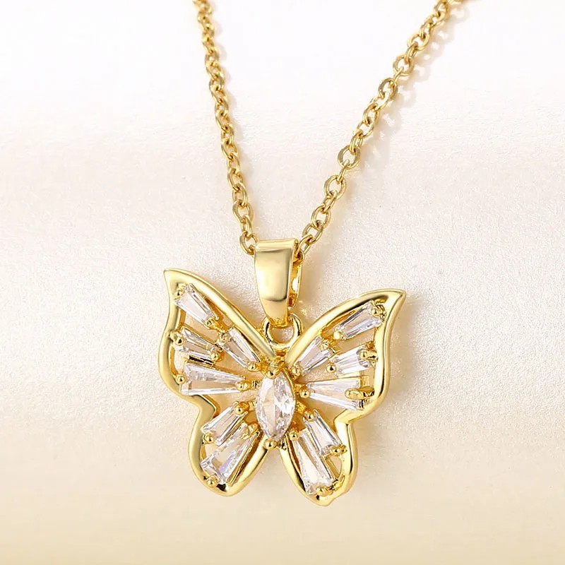 Modern Style Butterfly Stainless Steel Titanium Steel Plating Inlay Zircon 18K Gold Plated Gold Plated Pendant Necklace_colorza_1