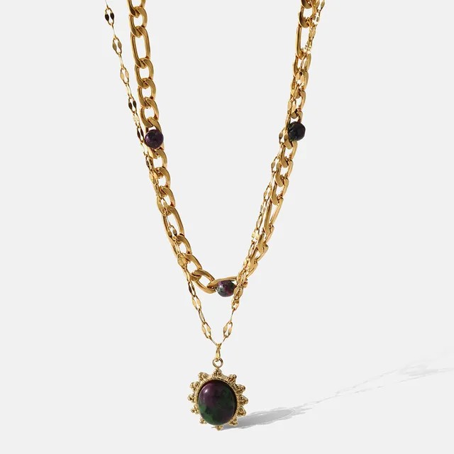 Retro Oval Stainless Steel Layered Plating Inlay Natural Stone 18K Gold Plated Pendant Necklace_colorza_1