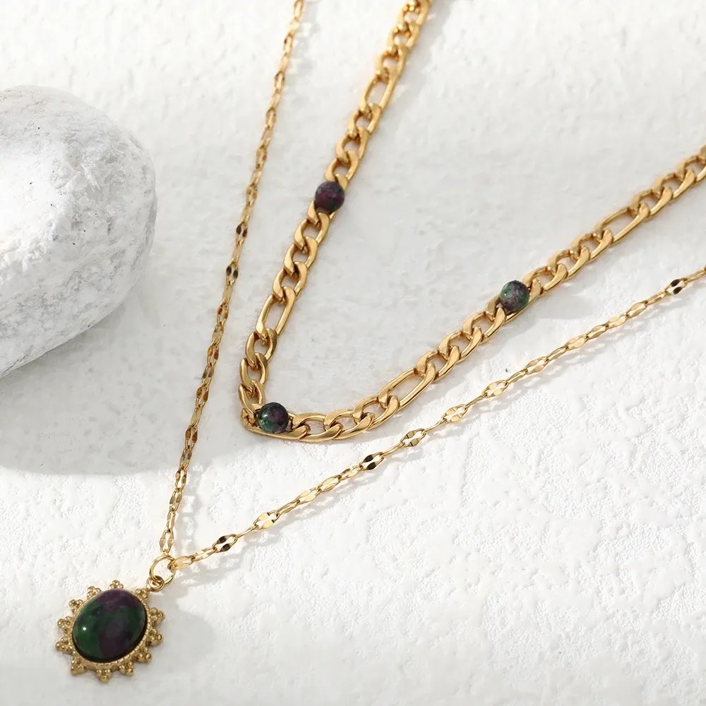 Retro Oval Stainless Steel Layered Plating Inlay Natural Stone 18K Gold Plated Pendant Necklace_colorza_2