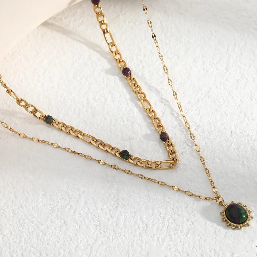 Retro Oval Stainless Steel Layered Plating Inlay Natural Stone 18K Gold Plated Pendant Necklace_colorza_3