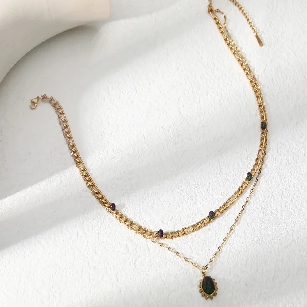 Retro Oval Stainless Steel Layered Plating Inlay Natural Stone 18K Gold Plated Pendant Necklace_colorza_4