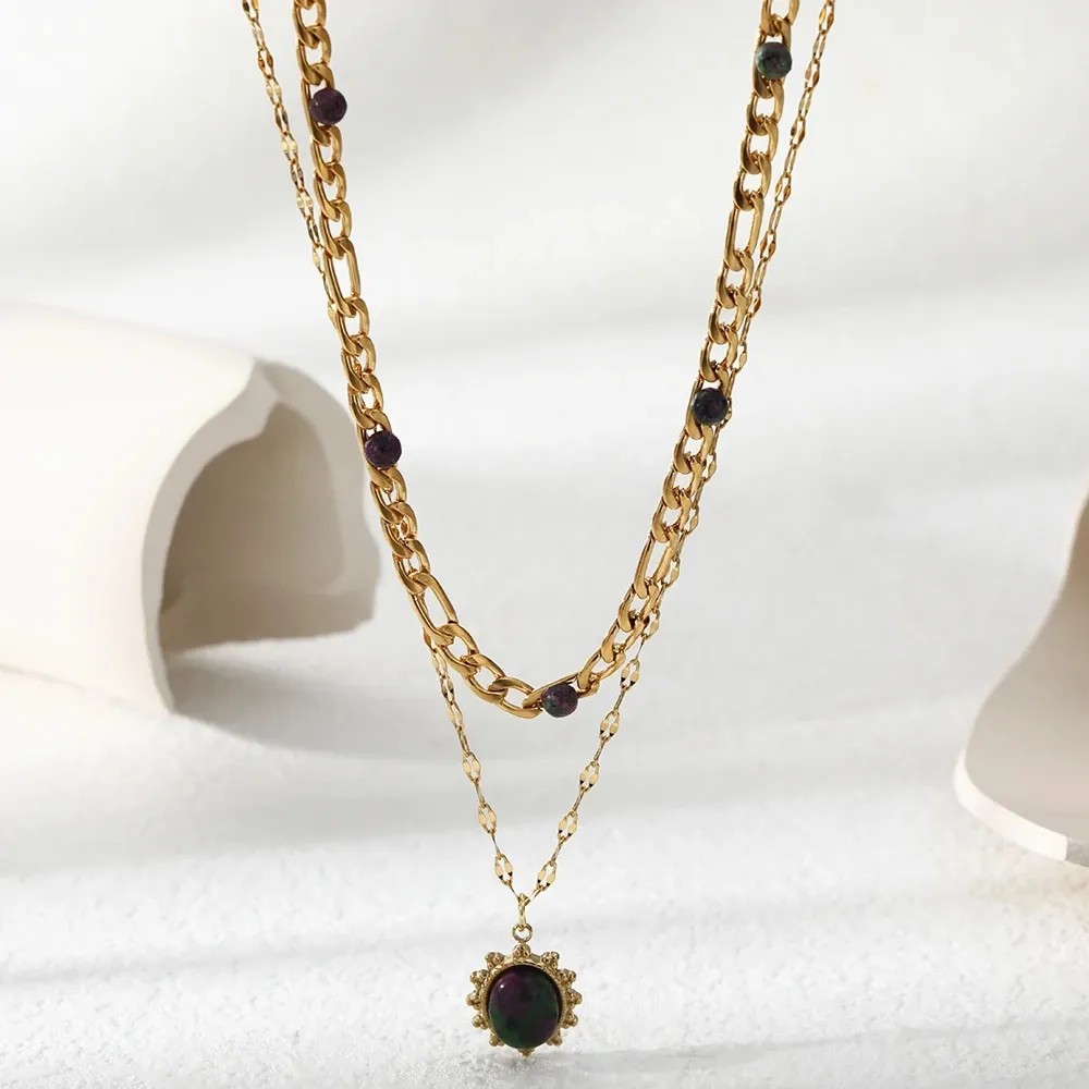Retro Oval Stainless Steel Layered Plating Inlay Natural Stone 18K Gold Plated Pendant Necklace_colorza_5