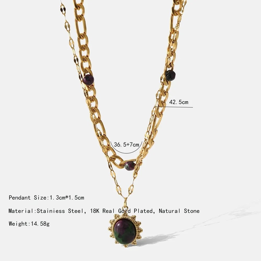 Retro Oval Stainless Steel Layered Plating Inlay Natural Stone 18K Gold Plated Pendant Necklace_colorza_6