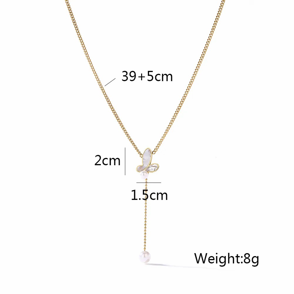 Elegant Butterfly Titanium Steel Pearl Plating Inlay Shell 18K Gold Plated Pendant Necklace_colorza_1