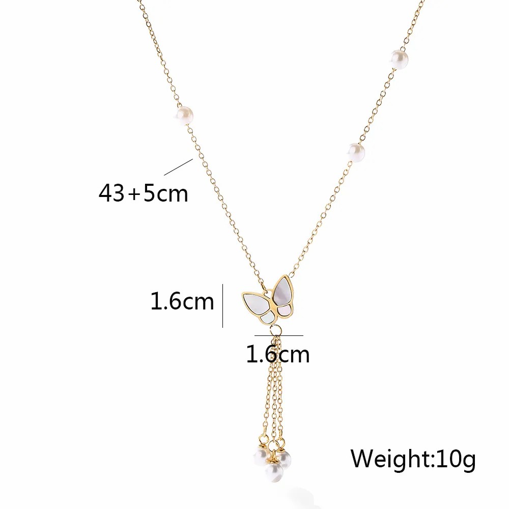 Elegant Butterfly Titanium Steel Pearl Plating Inlay Shell 18K Gold Plated Pendant Necklace_colorza_2