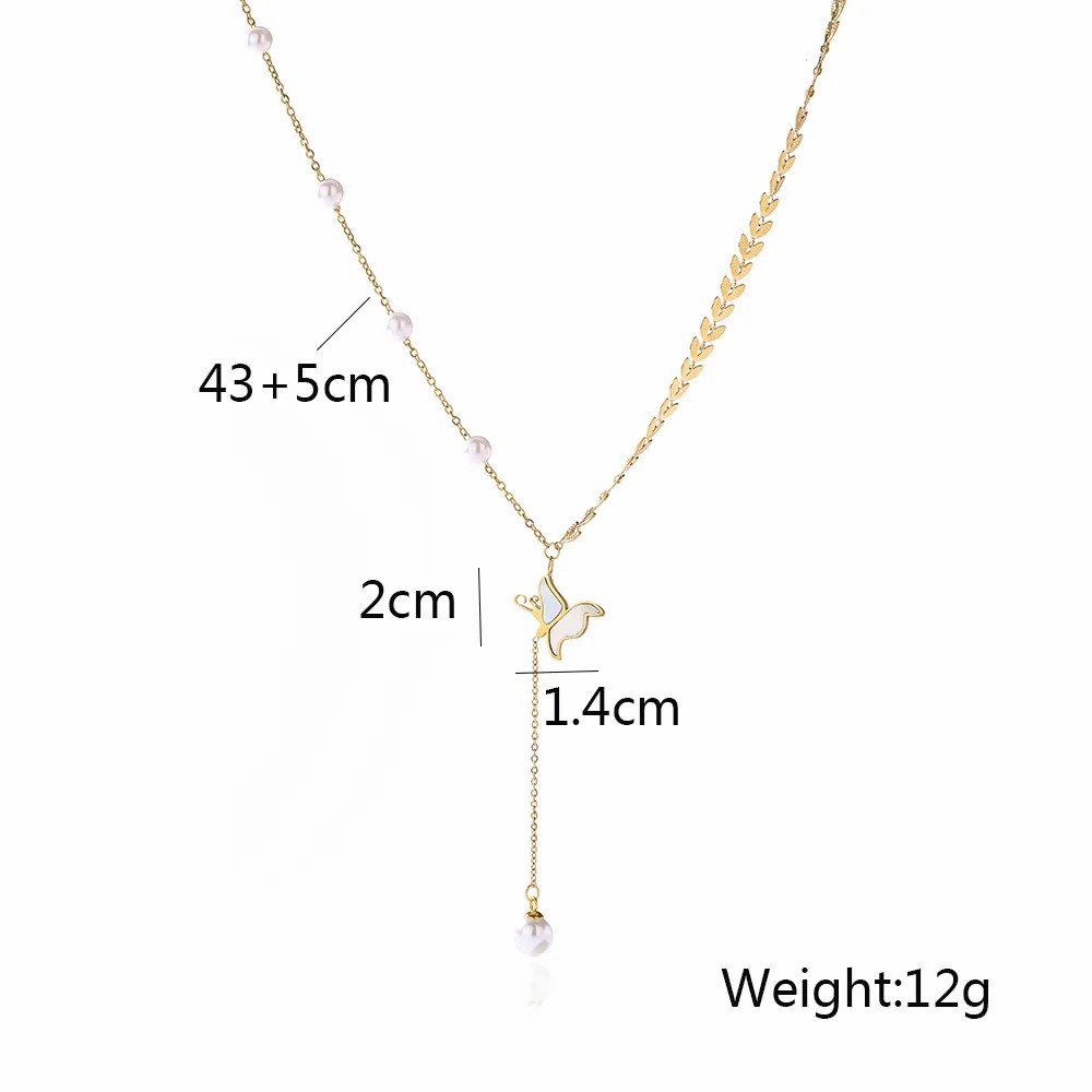 Elegant Butterfly Titanium Steel Pearl Plating Inlay Shell 18K Gold Plated Pendant Necklace_colorza_3