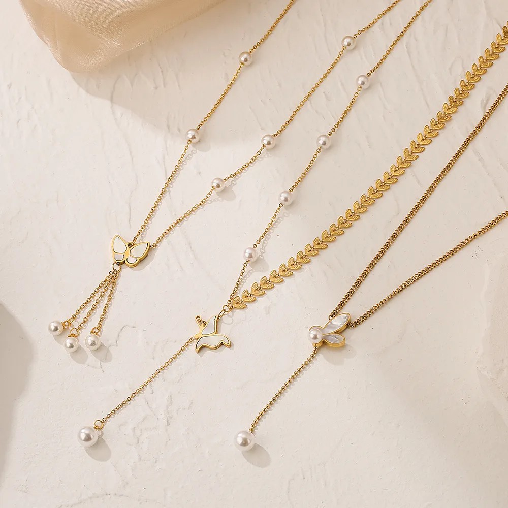 Elegant Butterfly Titanium Steel Pearl Plating Inlay Shell 18K Gold Plated Pendant Necklace_colorza_6