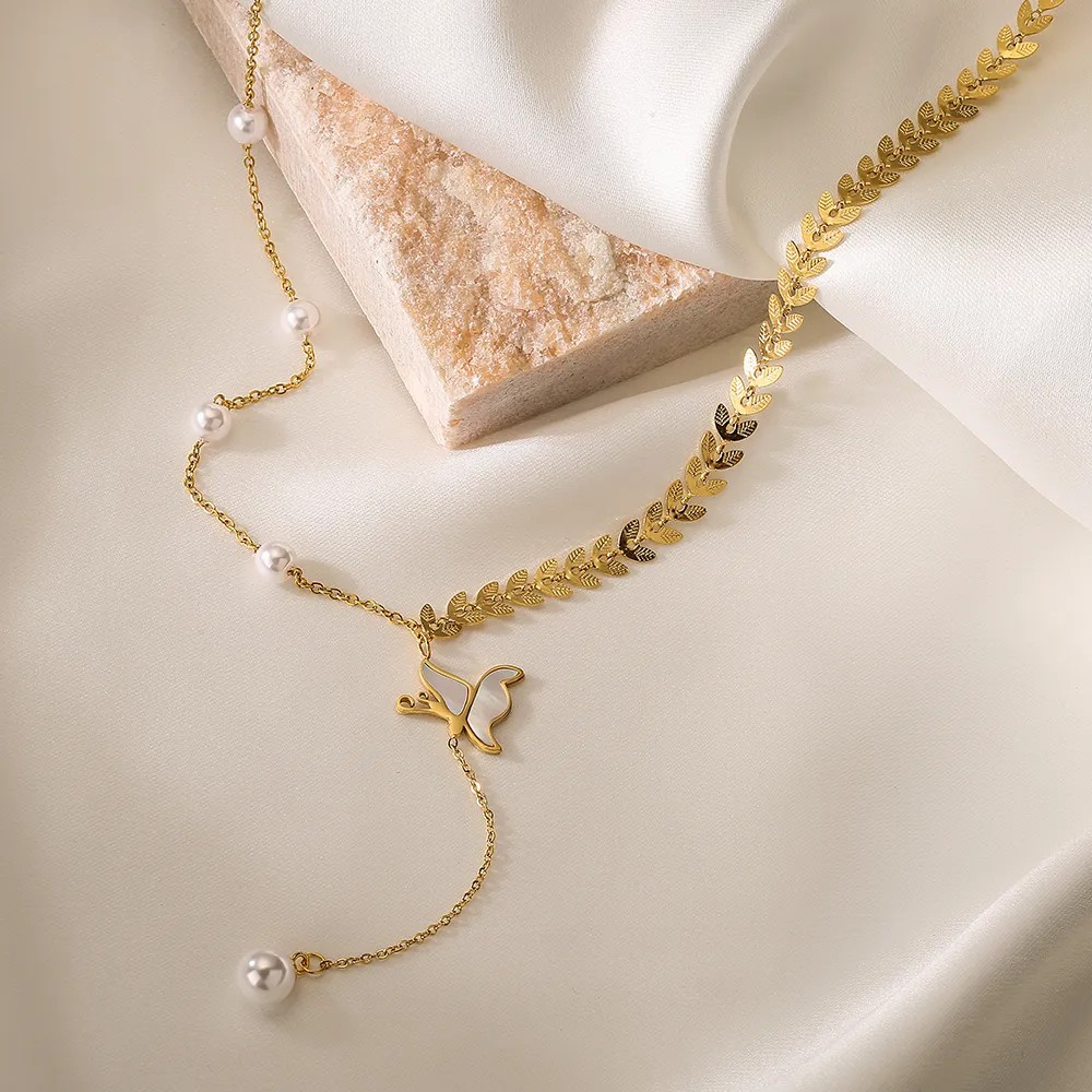 Elegant Butterfly Titanium Steel Pearl Plating Inlay Shell 18K Gold Plated Pendant Necklace_colorza_7