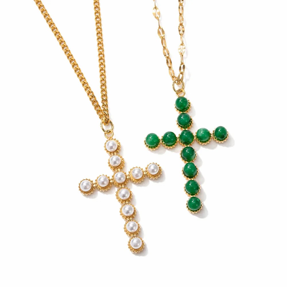 Modern Style Cross Stainless Steel Plating Inlay Pearl Stone 18K Gold Plated Pendant Necklace_colorza_1