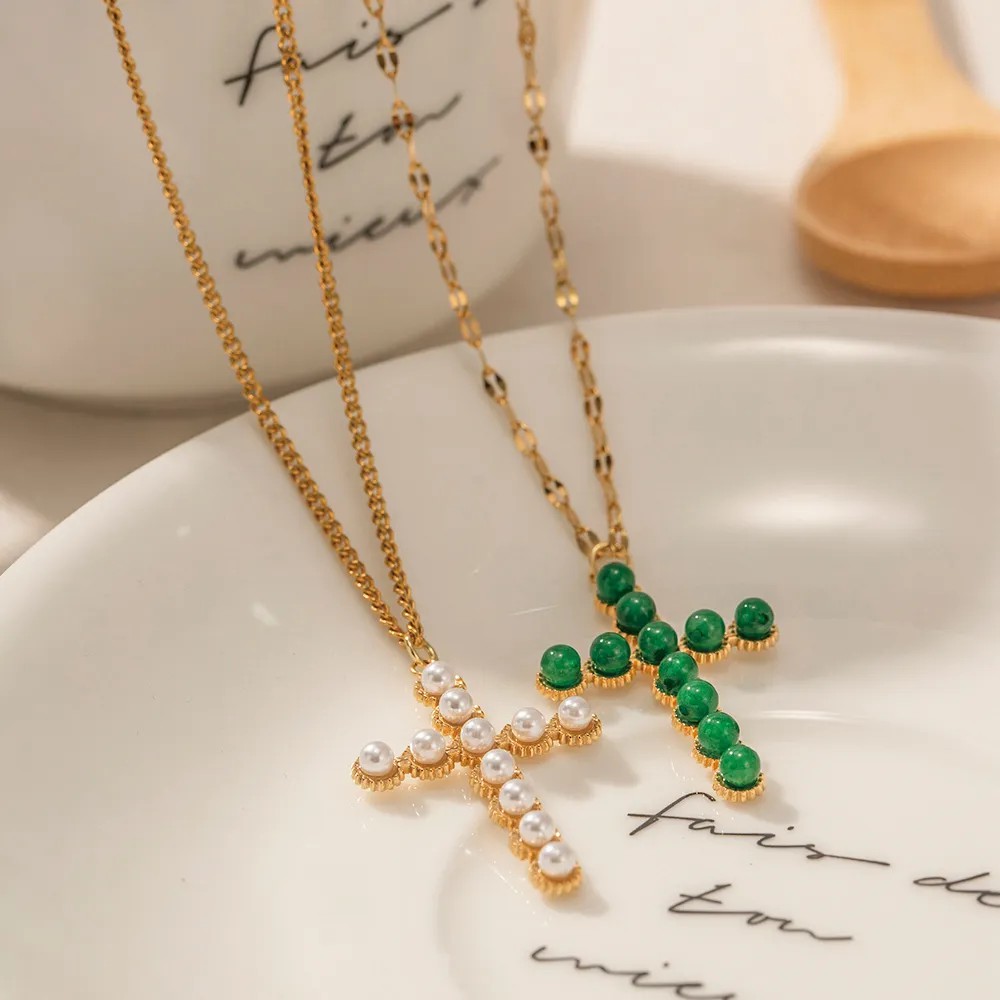 Modern Style Cross Stainless Steel Plating Inlay Pearl Stone 18K Gold Plated Pendant Necklace_colorza_2