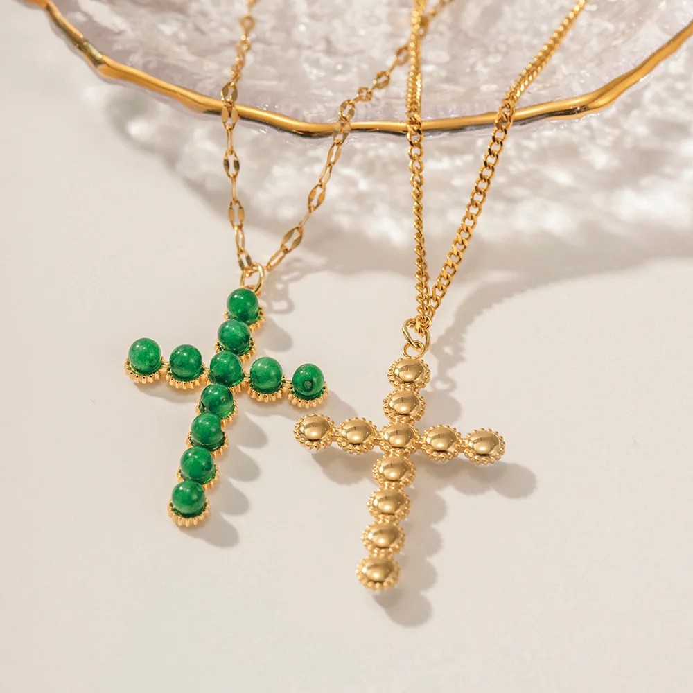 Modern Style Cross Stainless Steel Plating Inlay Pearl Stone 18K Gold Plated Pendant Necklace_colorza_3