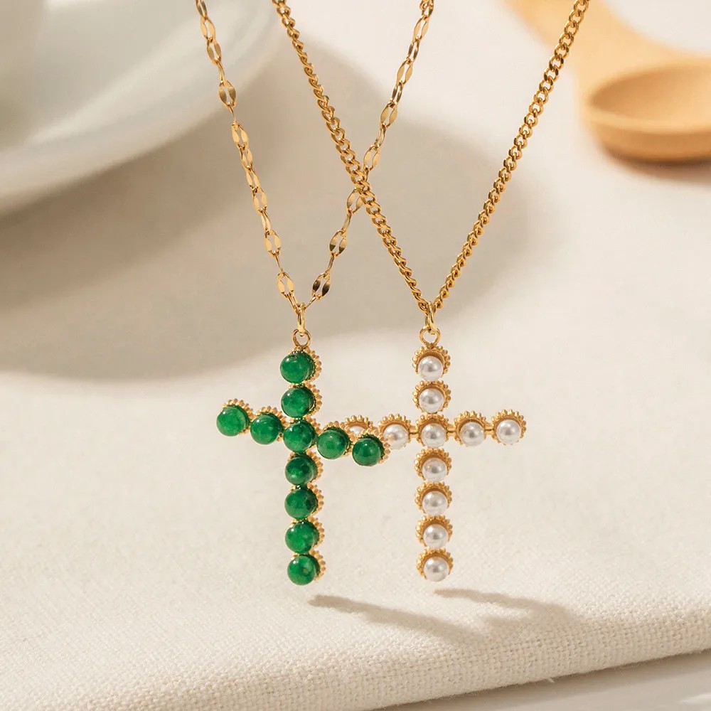 Modern Style Cross Stainless Steel Plating Inlay Pearl Stone 18K Gold Plated Pendant Necklace_colorza_4