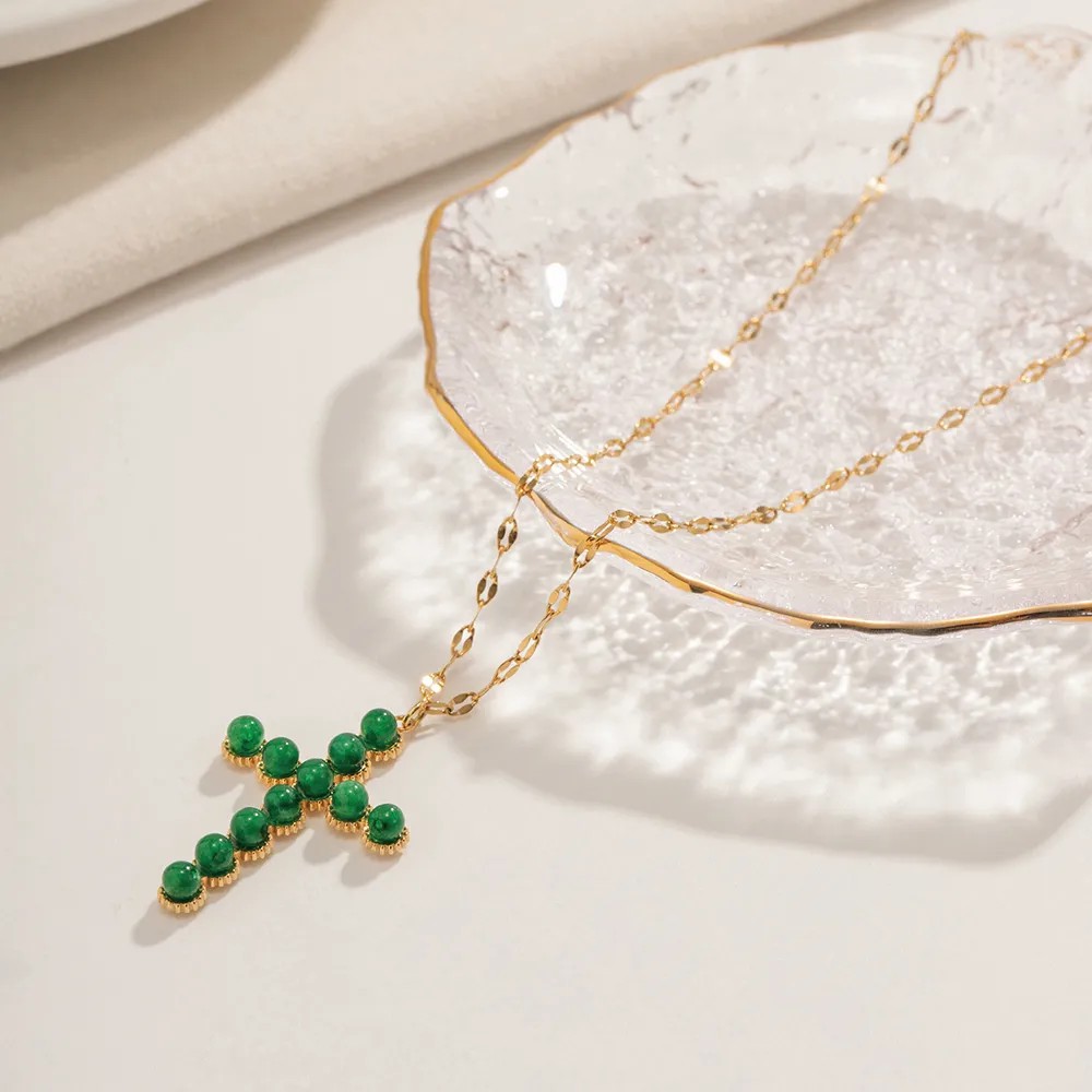 Modern Style Cross Stainless Steel Plating Inlay Pearl Stone 18K Gold Plated Pendant Necklace_colorza_7