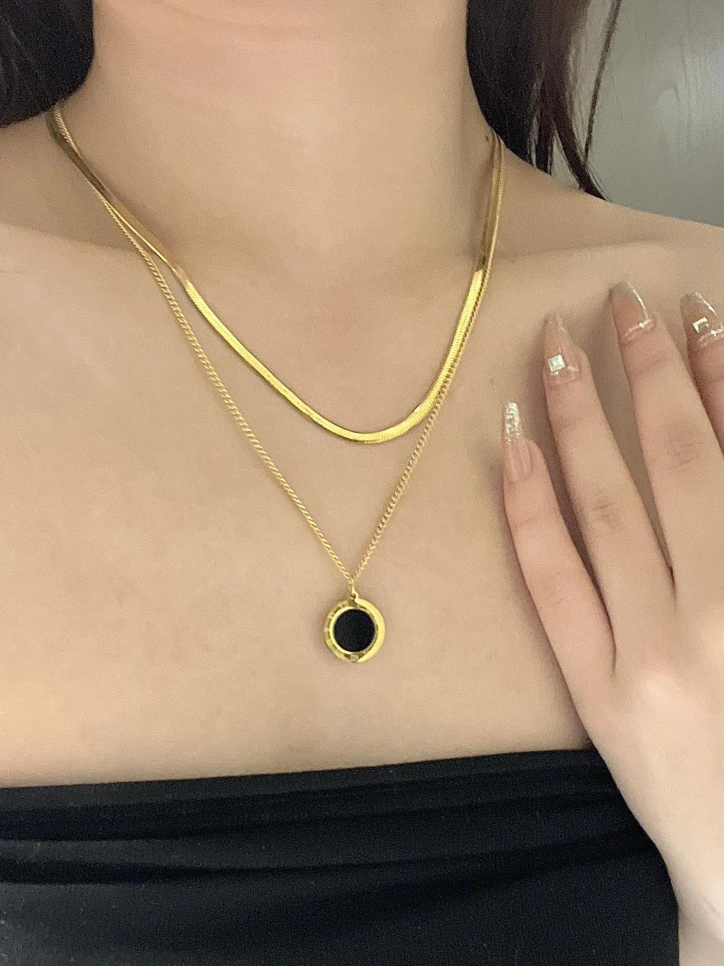 INS Style French Style Round Number Stainless Steel Titanium Steel Plating Inlay Artificial Gemstones 18K Gold Plated Layered Necklaces_colorza_1