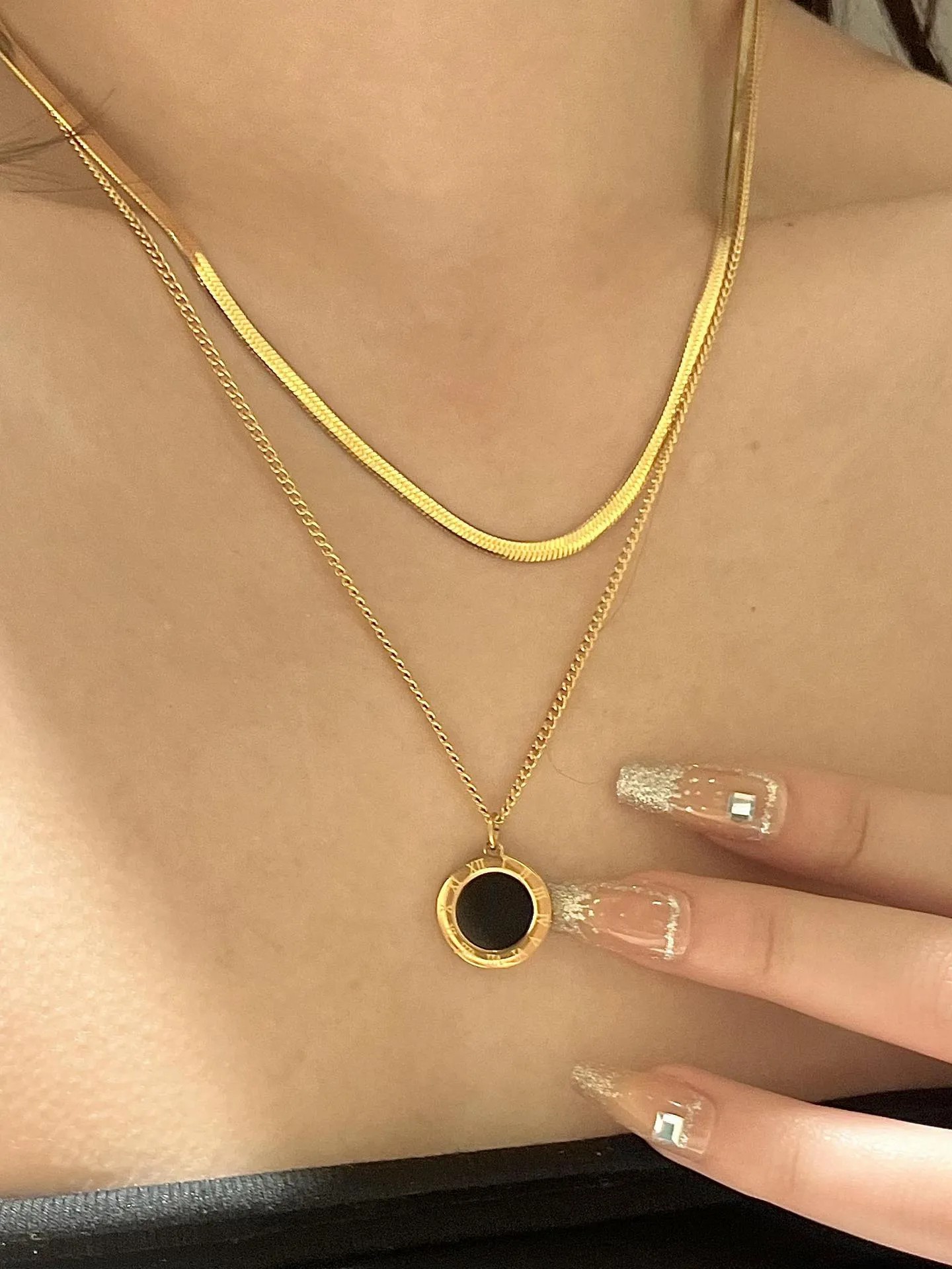 INS Style French Style Round Number Stainless Steel Titanium Steel Plating Inlay Artificial Gemstones 18K Gold Plated Layered Necklaces_colorza_2