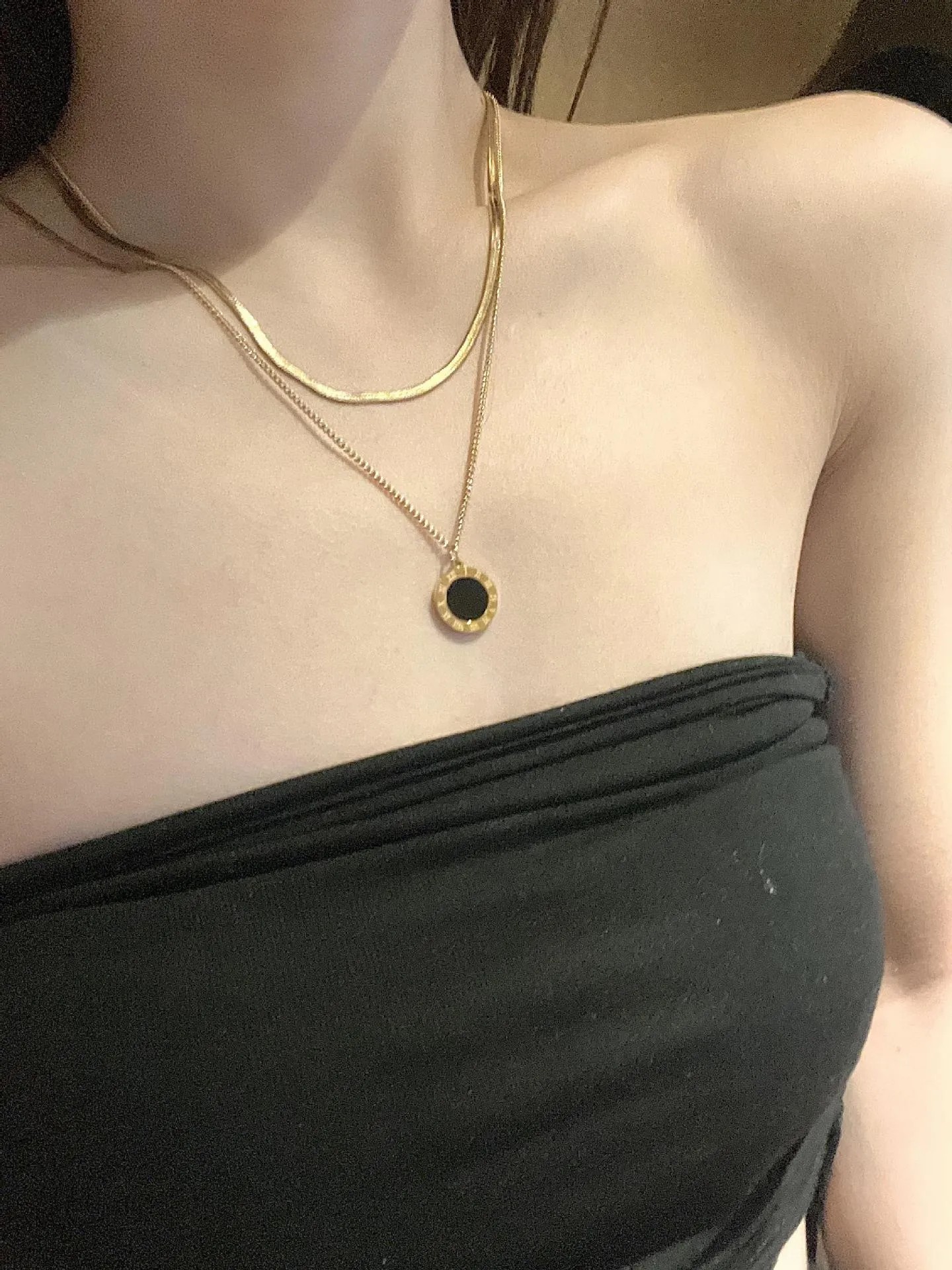 INS Style French Style Round Number Stainless Steel Titanium Steel Plating Inlay Artificial Gemstones 18K Gold Plated Layered Necklaces_colorza_3
