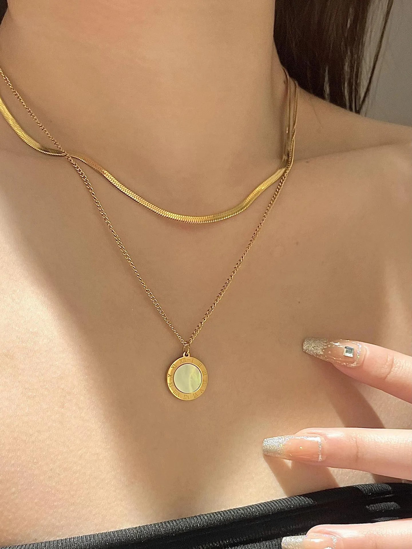 INS Style French Style Round Number Stainless Steel Titanium Steel Plating Inlay Artificial Gemstones 18K Gold Plated Layered Necklaces_colorza_4