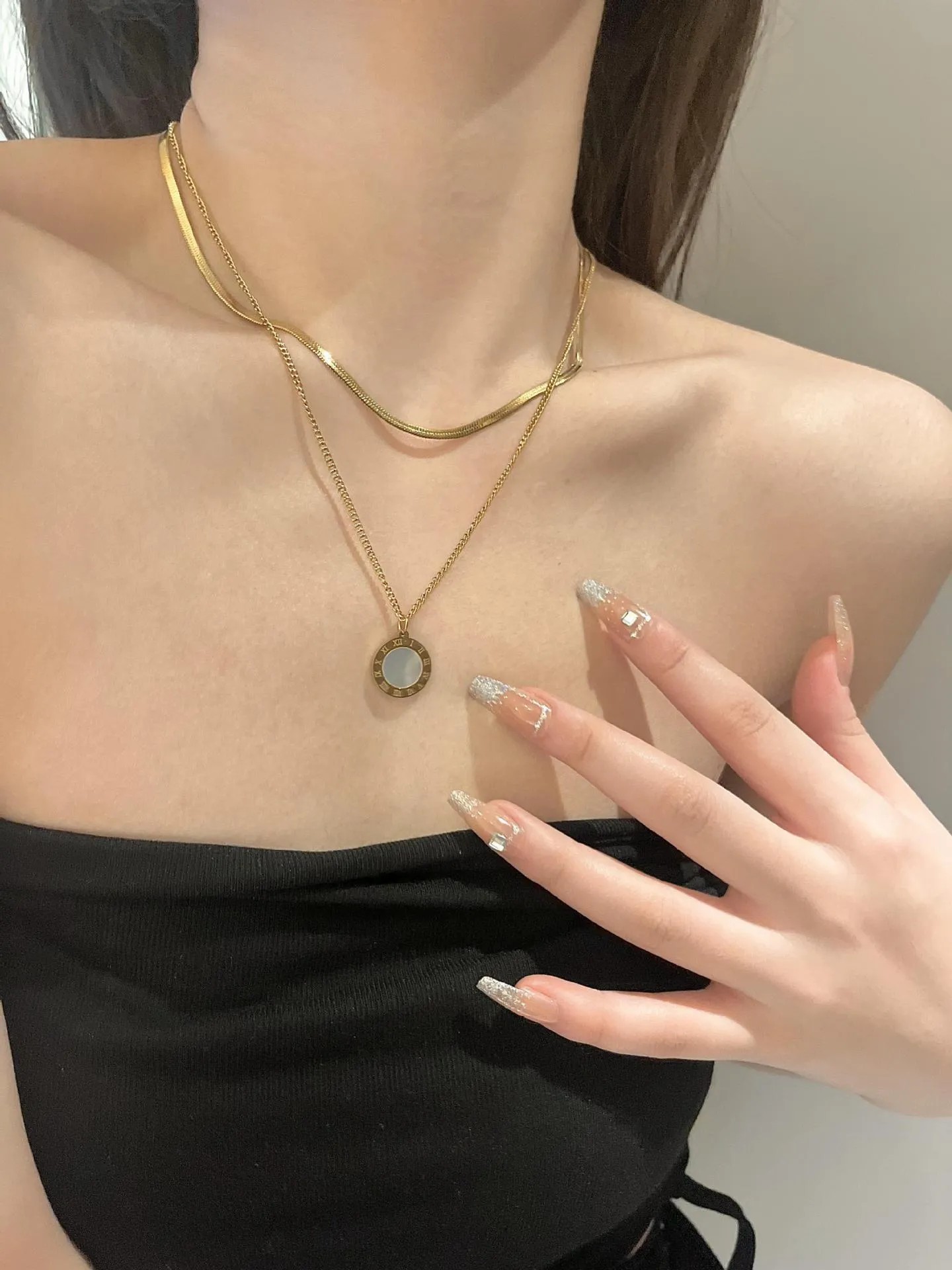 INS Style French Style Round Number Stainless Steel Titanium Steel Plating Inlay Artificial Gemstones 18K Gold Plated Layered Necklaces_colorza_5