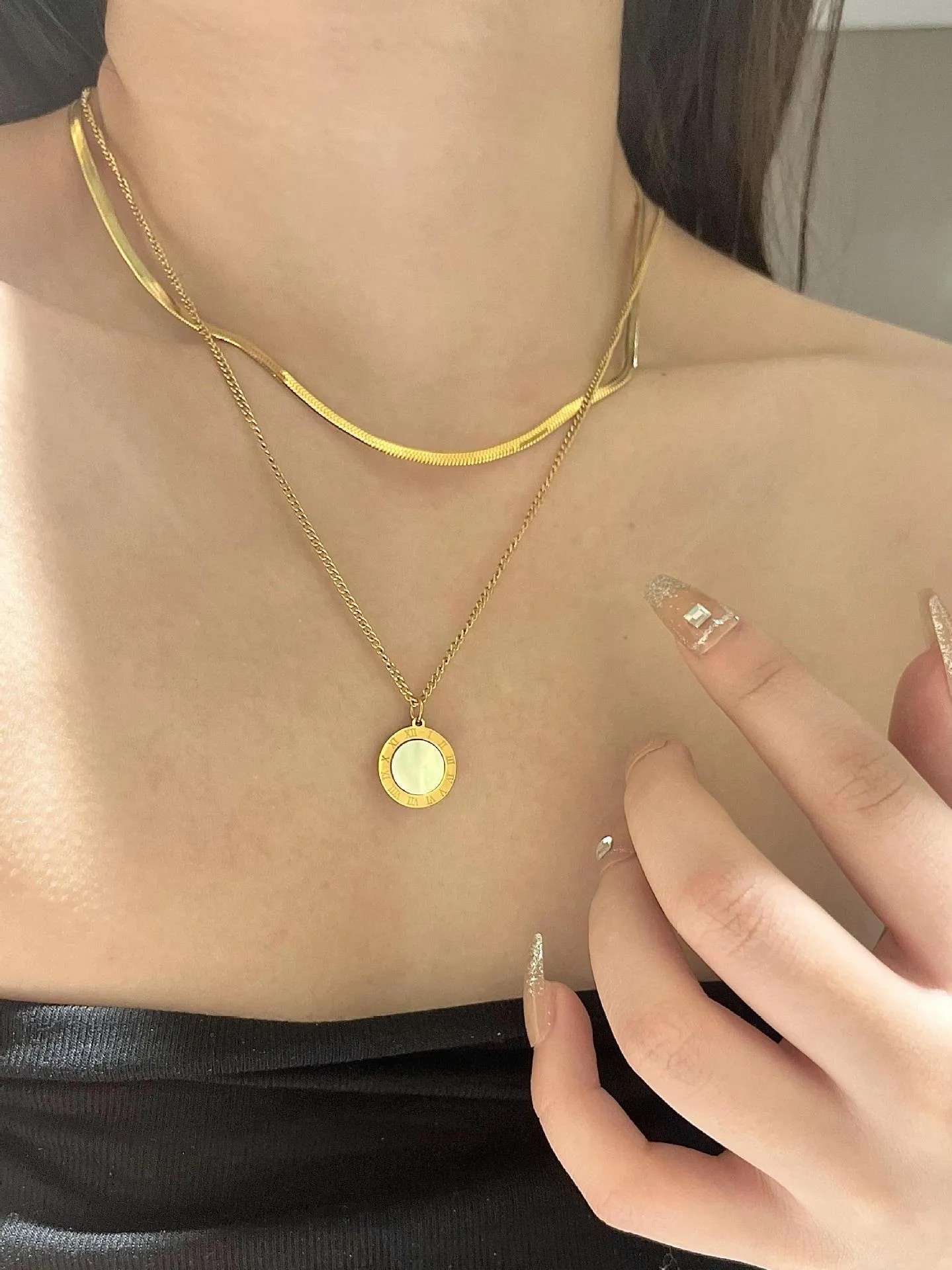 INS Style French Style Round Number Stainless Steel Titanium Steel Plating Inlay Artificial Gemstones 18K Gold Plated Layered Necklaces_colorza_6
