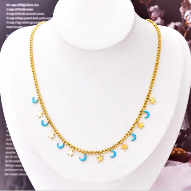Retro Star Moon Heart Shape Titanium Steel Epoxy Plating Necklace_colorza_3
