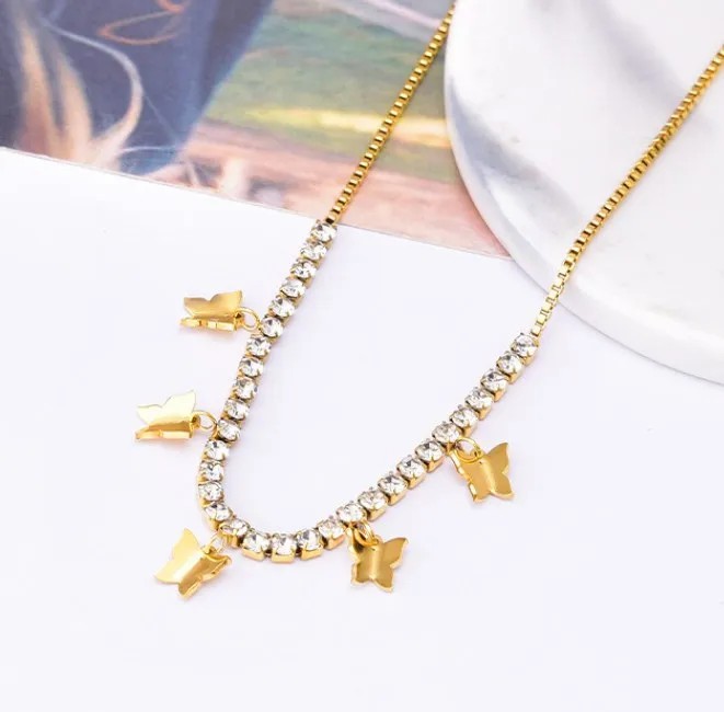 Elegant Lady Butterfly Titanium Steel Plating Inlay Zircon Necklace_colorza_1