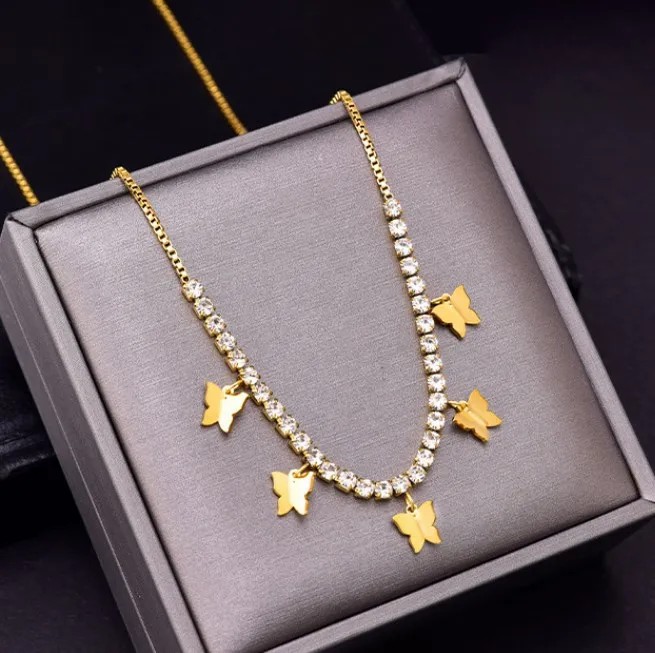 Elegant Lady Butterfly Titanium Steel Plating Inlay Zircon Necklace_colorza_3