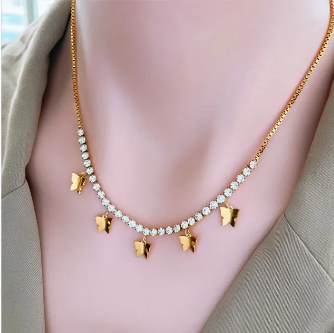 Elegant Lady Butterfly Titanium Steel Plating Inlay Zircon Necklace_colorza_4