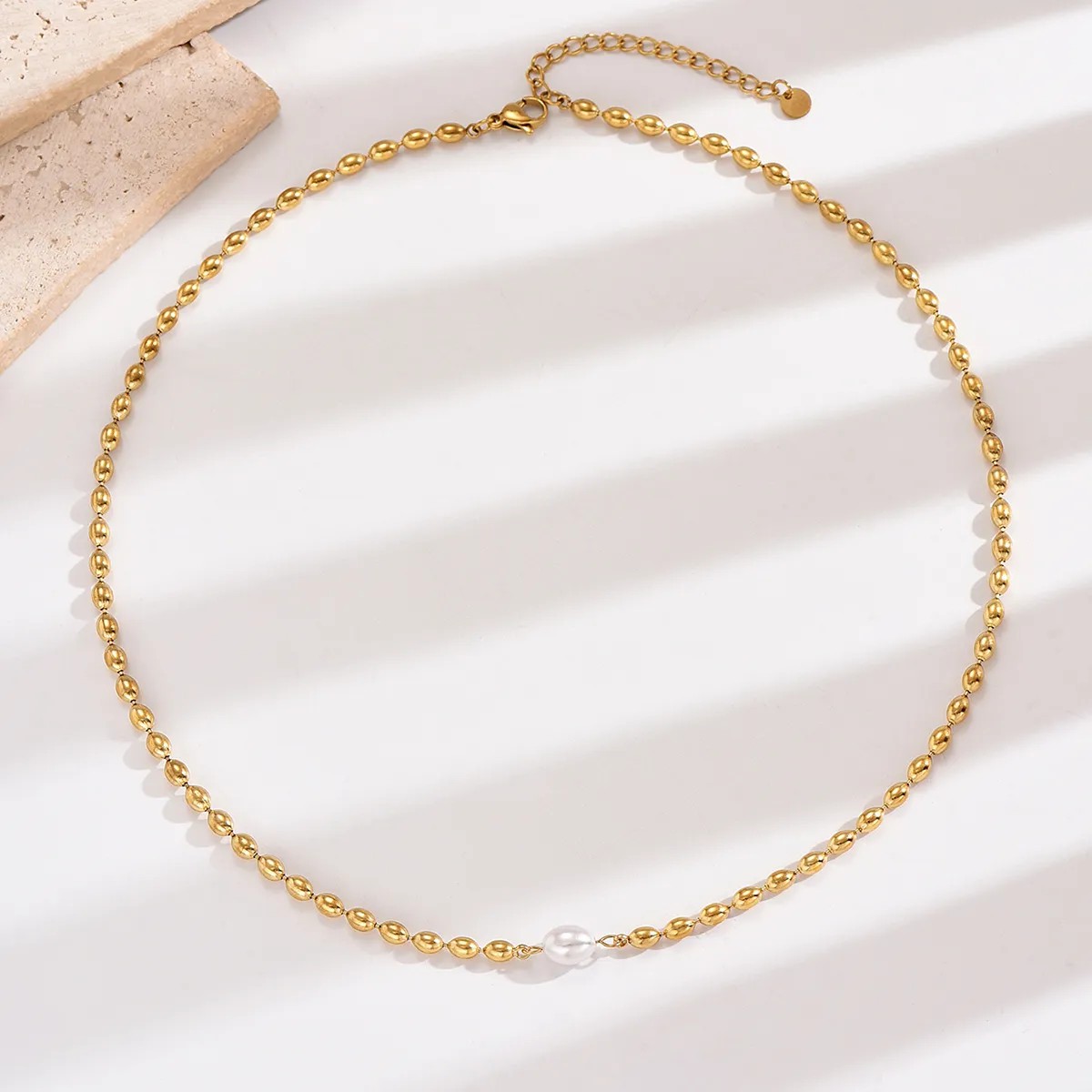 French Style Oval Stainless Steel Pearl Plating 14K Gold Plated Necklace_colorza_1