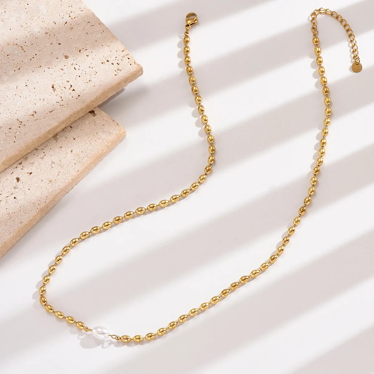 French Style Oval Stainless Steel Pearl Plating 14K Gold Plated Necklace_colorza_4